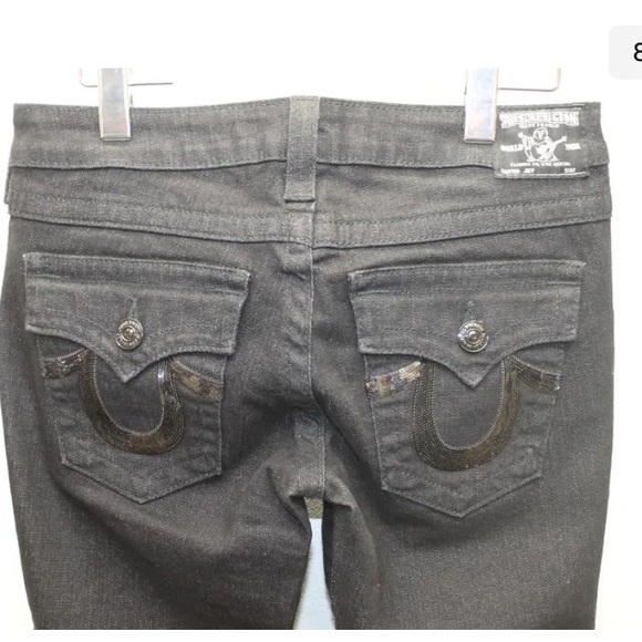 New True Religion Women Black Jeans Denim Boot Leg Joey 29 USA Sequins Logo - Picture 5 of 9